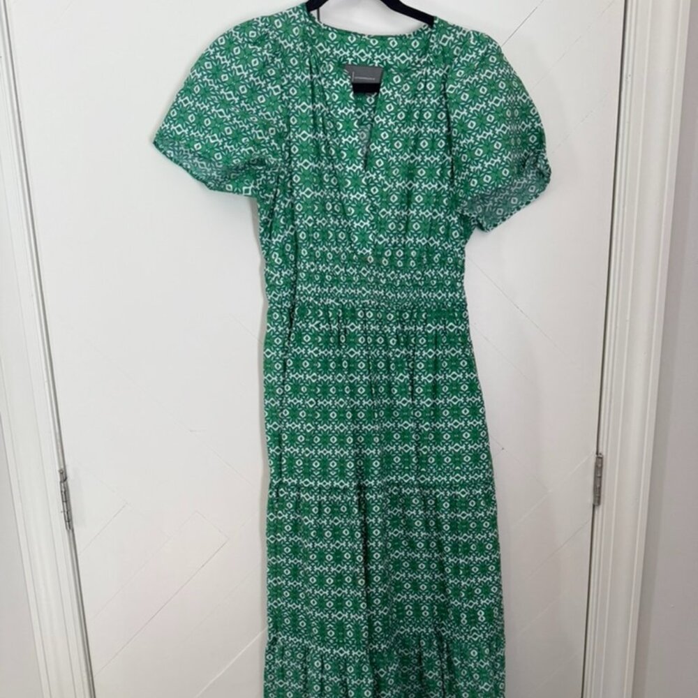 Anthropologie Sommerset Maxi Dress Green/White Medallion AOP Boho Cotton Sz XS